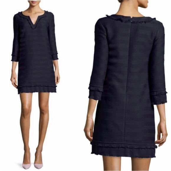 NWT Trina Turk Lorossa Navy Striped Tweed Fringe Shift Dress 8 - Picture 1 of 7